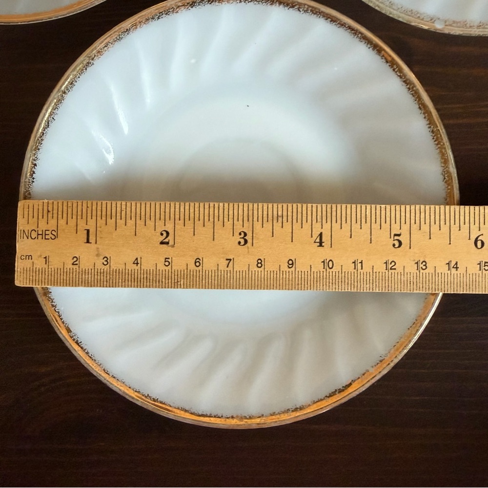 3 Fire King vintage milk glass swirl pattern saucers with gold tone edge 5.75” - Picture 4 of 4